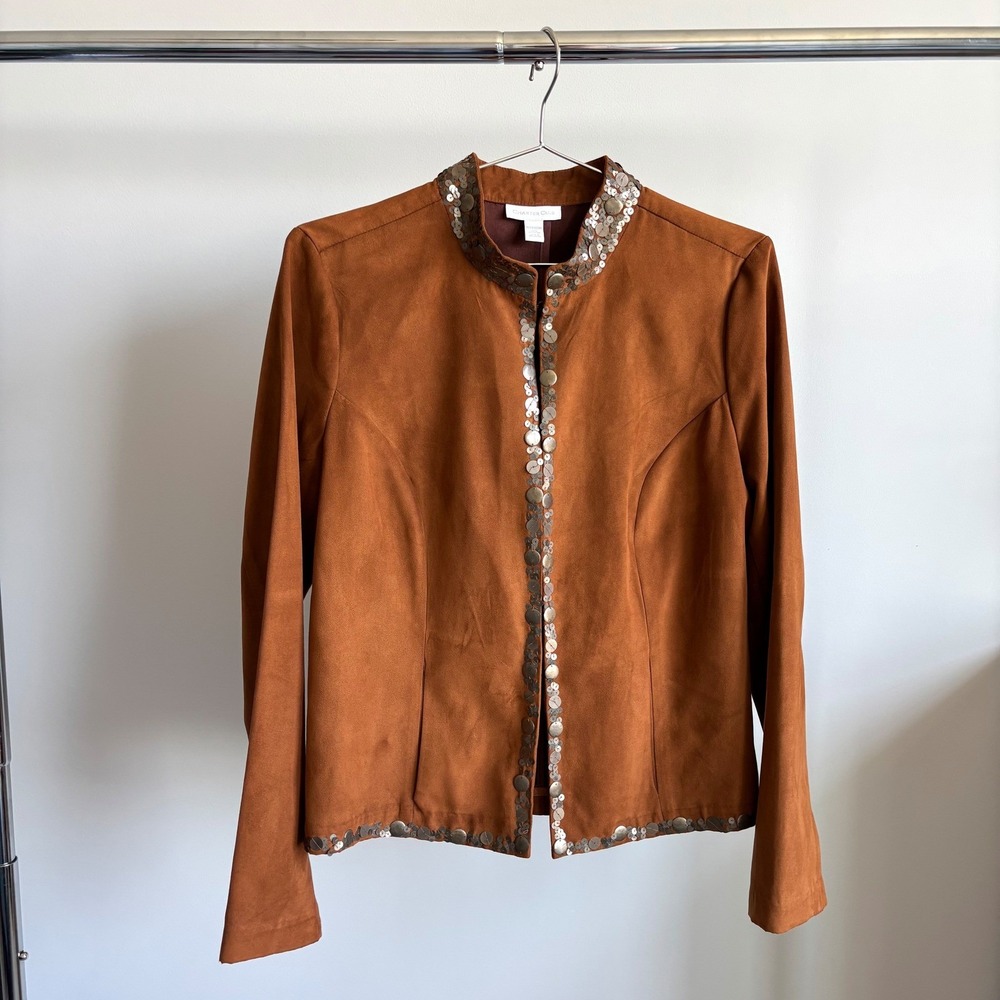 Vintage Charter Club Faux Suede Jacket M Sequin Collar Boho Revival Funky Chic
